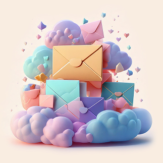 Invitations in envelopes stacked and floating with the clouds.